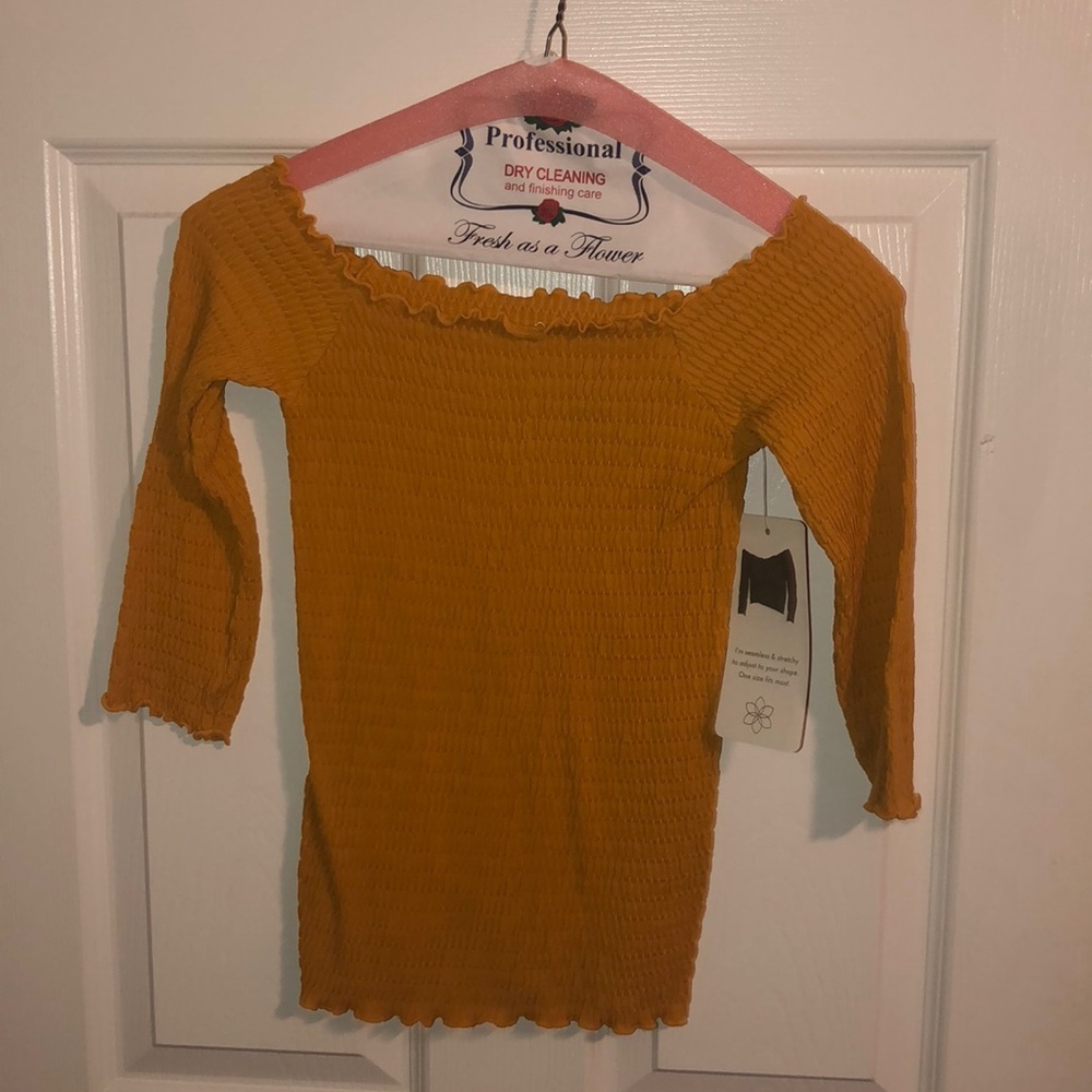 yellow off the shoulder shirt